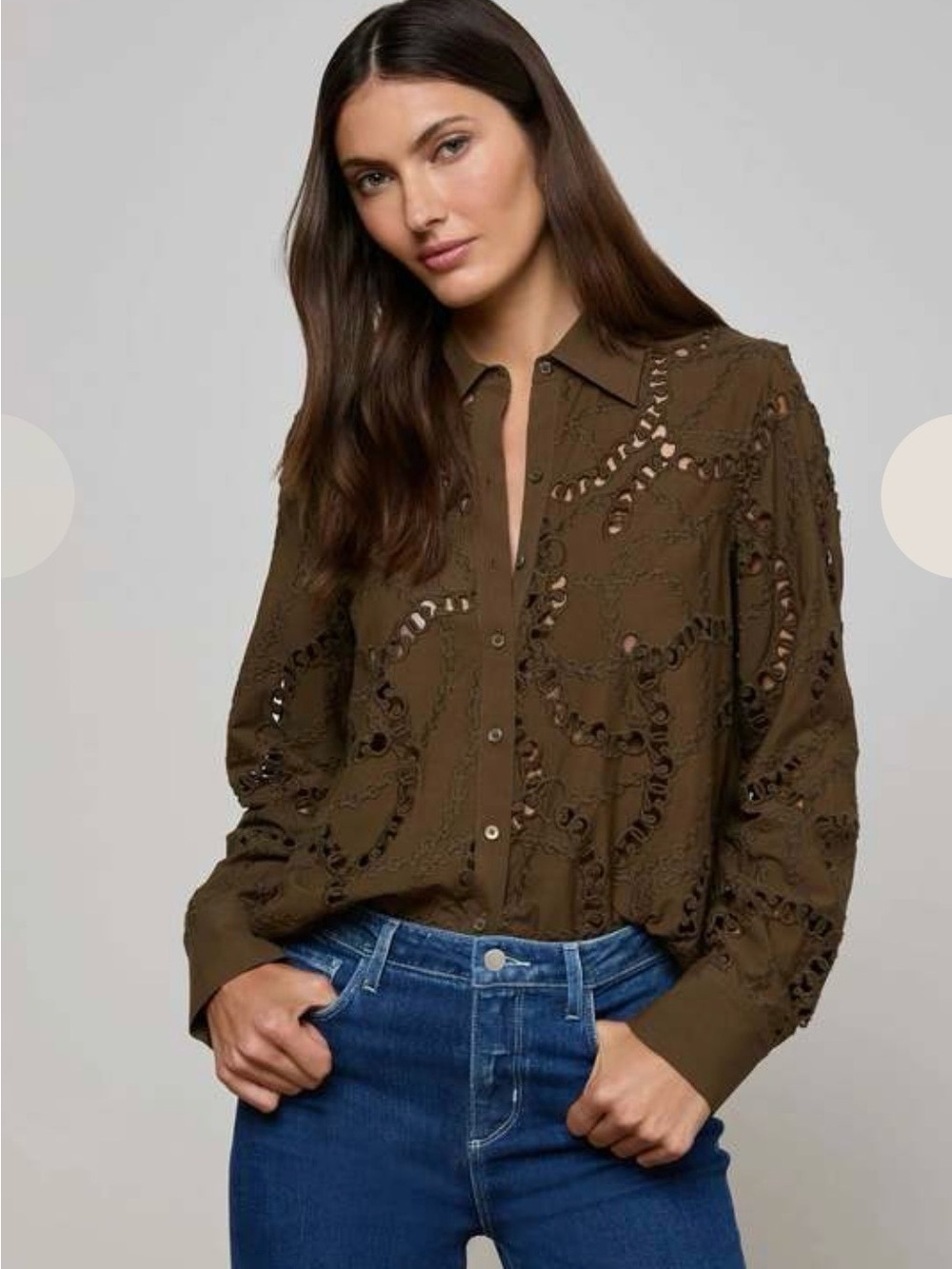 L’Agence Ellery Eyelet Olive Brown Embroidered Button-Up Shirt size S